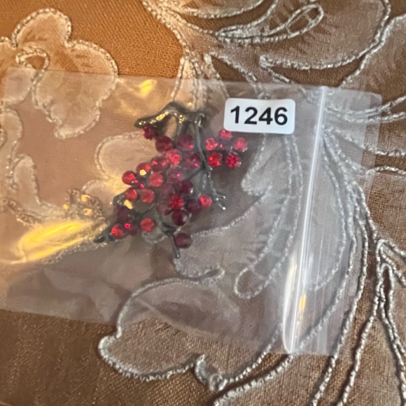 Gunmetal Color and Red Rhinestone Tree Brooch - Picture 4 of 4